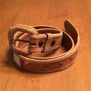 Leather belt with multicolored accents.